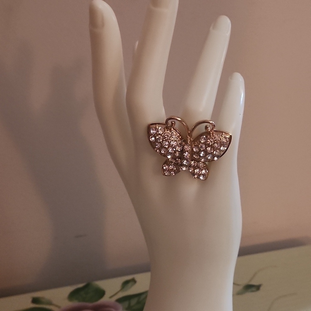 JTV Off Park Crystal Butterfly Gold Tone Stretch Ring